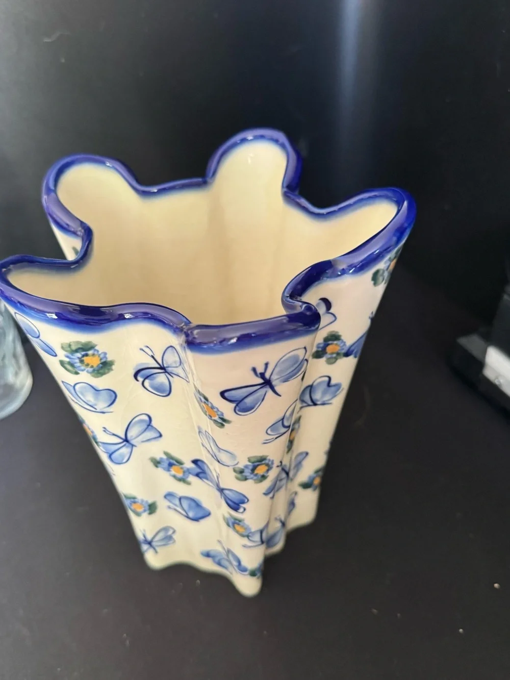Vintage Unikat WR Polish Pottery Butterfly Flower Vase Ruffled Edge
